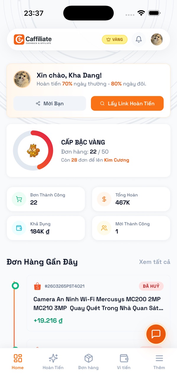 Giao diện Caffiliate trên iPhone với điểm tích lũy, hạng thành viên và đơn hàng gần đây